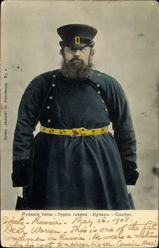 Ak Kutscher, Mann in russischer Tracht, Portrait, Mantel, Hut, Gürtel