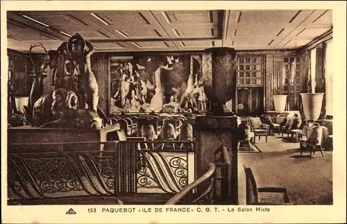 Ak Paquebot Ile de France, Mixed Lounge, CGT, French Line