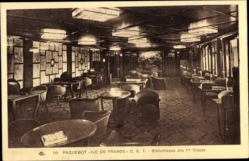 Ak Paquebot Ile de France, CGT, French Line, 1. Klasse-Bibliothek