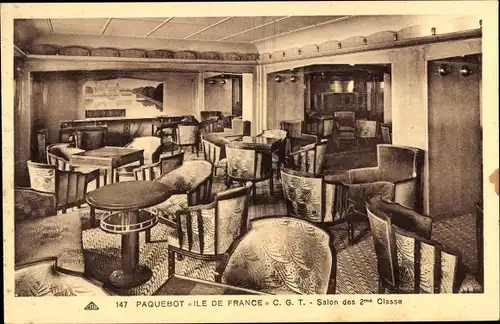 Ak Paquebot Ile de France, CGT, French Line, 2. Klasse Lounge