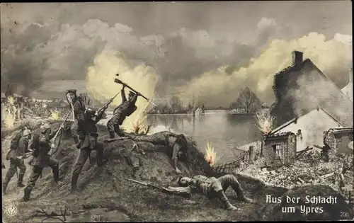 Ak Schlacht um Ypres, Kämpfende Soldaten, Brennende Häuser, I. WK