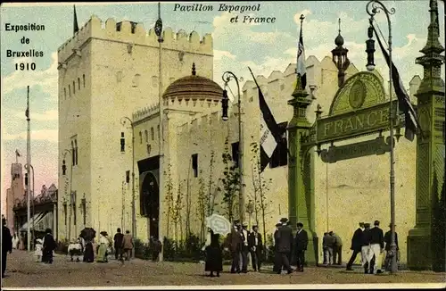 Ak Bruxelles Brüssel, Expo, Weltausstellung 1910, Pavillon Espagnol et France
