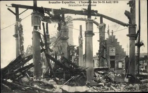 Ak Kermesse Bruxelles Brüssel, Weltausstellung 1910, Ruinen nach dem Brand