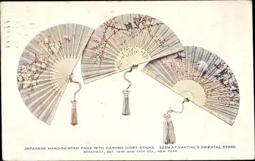 Ak New York City USA, Japanese hand-painted fans with carved ivory sticks, Vantine's Oriental Store