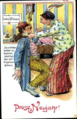 Ak Glückwunsch Neujahr, Ehepaar, Wütende Frau, Betrunkener Mann