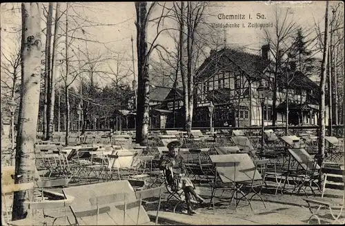 Ak Chemnitz in Sachsen, Waldschänke, Zeißigwald, Biergarten, Fachwerkhaus