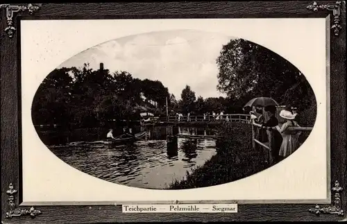 Passepartout Ak Siegmar Chemnitz in Sachsen, Pelzmühle, Teichpartie, Ruderboot, Passanten