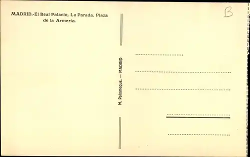 AK Madrid, Spanien, Königspalast, La Parada, Plaza de la Armeria