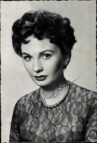 Ak Schauspielerin Jean Simmons, Portrait, Perlenkette, Autogramm