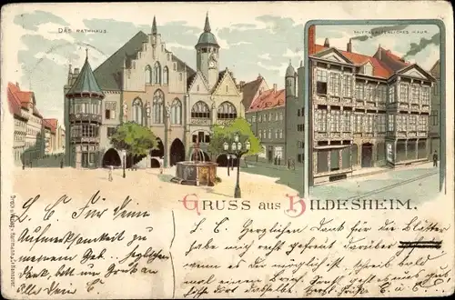 Litho Hildesheim, Das Rathaus, mittelalterliches Haus, Brunnen