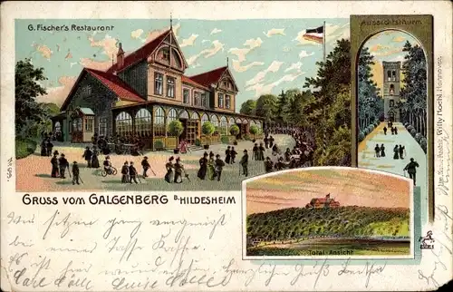 Litho Hildesheim, G. Fischers Restaurant, Aussichtsturm, Totalansicht