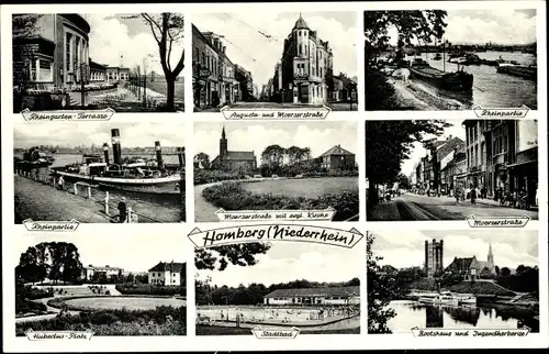 Ak Homberg Duisburg im Ruhrgebiet, Hubertus Platz, Bootshaus und Jugendherberge, Stadtbad, Kirche