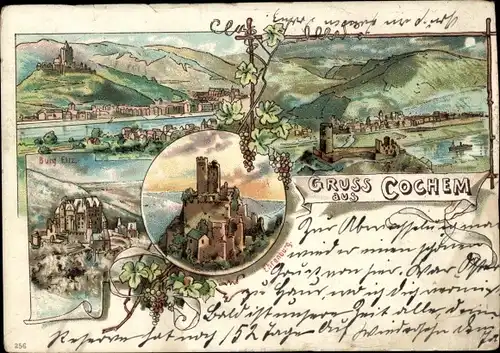Litho Cochem an der Mosel, Burg Eltz, Ehrenburg, Panorama, Weinreben
