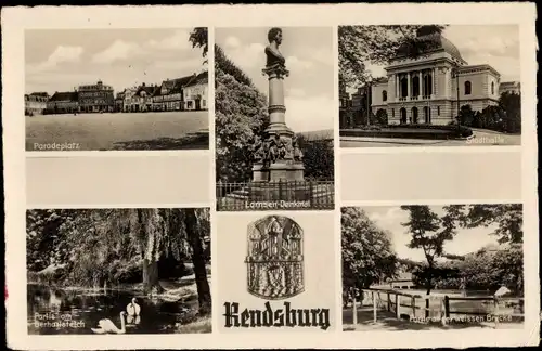 Ak Rendsburg in Schleswig Holstein, Paradeplatz, Stadthalle, Teich, Brücke, Wappen, Denkmal