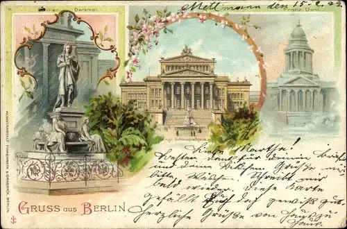 Litho Berlin Mitte, Schiller Denkmal, Franz. Dom, königliches Schauspielhaus