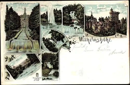 Litho Bad Wilhelmshöhe Kassel, Schloss, Löwenburg, Aquaduct, Teufelsbrücke, Herkules, Cascaden