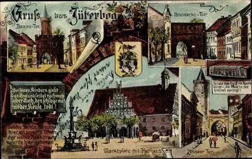 Ak Jüterbog in Brandenburg, Dammtor, Neumarktor, Markt, Rathaus, Zinnaer Tor, Wappen