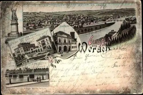 Litho Werden Essen im Ruhrgebiet, Brücke, Denkmal, Schloss, Panorama