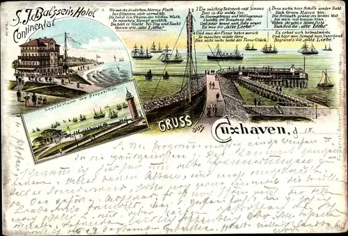 Litho Cuxhaven in Niedersachsen, S. J. Balssen's Hotel Continental, alte Liebe, Leuchtturm