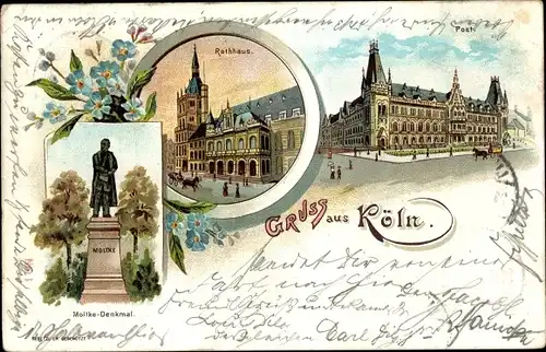 Litho Köln am Rhein, Rathaus, Moltke-Denkmal, Post