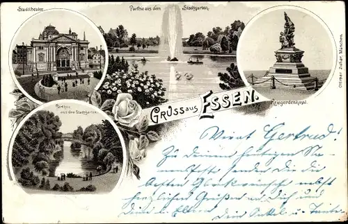 Litho Essen im Ruhrgebiet, Stadttheater, Stadtgarten, Kriegerdenkmal