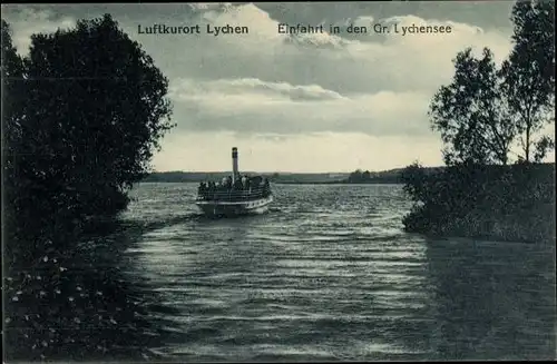 Ak Lychen in der Uckermark, Einfahrt in den Gr. Lychensee, Schiff