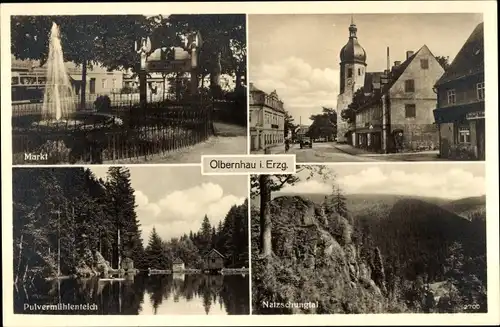 Ak Olbernhau im Erzgebirge Sachsen, Straßenpartie, Markt, Pulvermühlenteich, Teilansichten