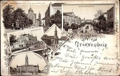 Litho Großenhain in Sachsen, Poststraße, Rathaus, Postgebäude, Bahnhofstraße, Stadthauptkirche