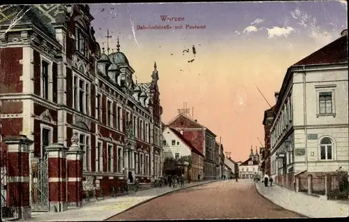Ak Wurzen in Sachsen, Bahnhofstraße mit Postamt