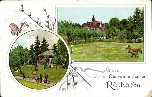 Ak Rötha in Sachsen, Obstweinschänke, Pavillon, Rehe, Weidenkätzchen