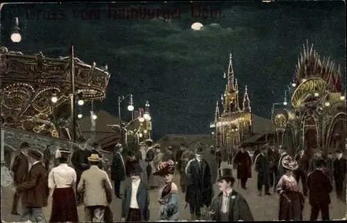Mondschein Ak Hamburg, neuer Messplatz, Fahrgeschäfte, Passanten, Beleuchtung