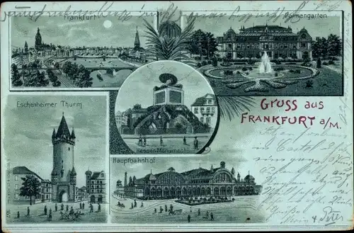 Mondschein Litho Frankfurt am Main, Eschenheimer Turm, Hauptbahnhof, Palmengarten