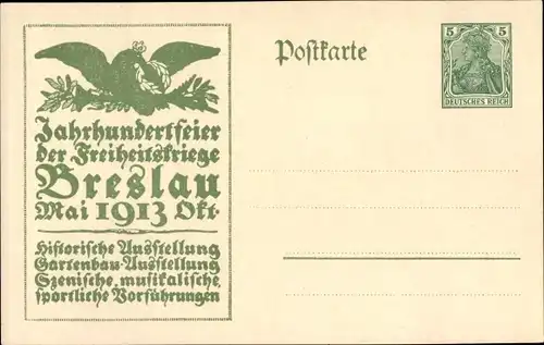 Ganzsachen Ak Wrocław Breslau Schlesien, Jahrhundertfeier 1913, Freiheitskriege