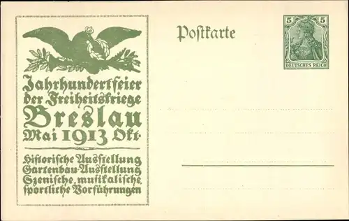 Ganzsachen Ak Wrocław Breslau Schlesien, Jahrhundertfeier 1913, Freiheitskriege