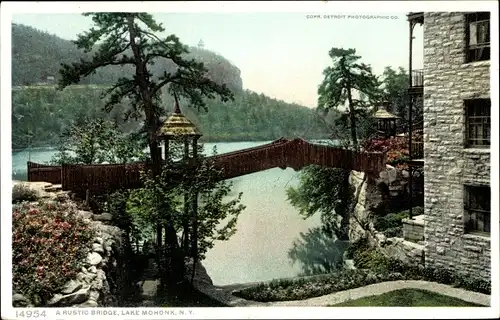 Ak New York USA, Lake Mohonk, eine rustikale Brücke