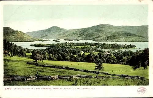 Ak Lake George New York USA, Green Island und die Narrows vom Bolton Hill