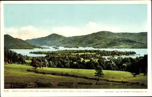 Ak Lake George New York USA, Green Island und die Narrows vom Bolton Hill