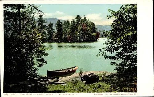 Ak Lake George New York USA, Tea Island vom Ufer von Caldwell