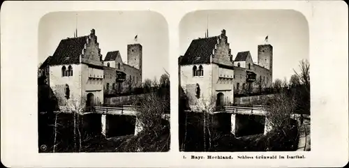 Stereo Foto Grünwald im Landkreis München Oberbayern, Schloss Grünwald, Isartal