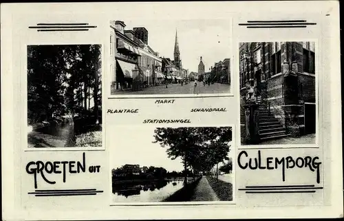 Ak Culemborg Gelderland, Markt, Plantage, Pranger, Station Singel