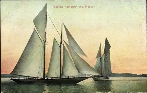 Ak Zwei Yachten, Hamburg und Meteor, Zweimaster, Dämmerung