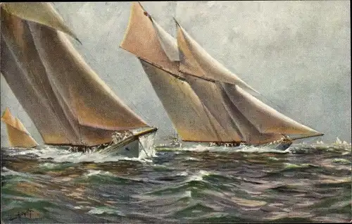 Künstler Ak Bohrdt, Hans, Deutsches Kriegsschiff, SMS Meteor, Yacht, Segelschiff Germania, Regatta