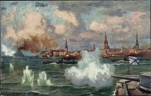 Ak Deutsche Kriegsschiffe, Angriff auf russische Kriegsschiffe im Hafen von Riga, Kaiserliche Marine