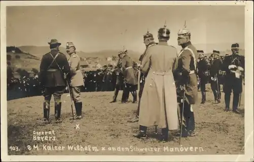 Foto Ak Kaiser Wilhelm II., Besuch bei Manöver der Schweizer Armee, General Beyers