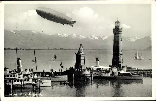 Ak Lindau am Bodensee Schwaben, Hafeneinfahrt, Zeppelin LZ 129 Hindenburg, Leuchtturm, Salondampfer