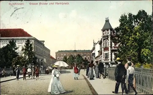 Ak Gussew Gumbinnen Ostpreußen, Große Brücke, Marktplatz