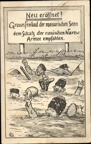 Ak Propaganda Kaiserreich, Großes Freibad der masurischen Seen, ertrinkende Russen, I WK