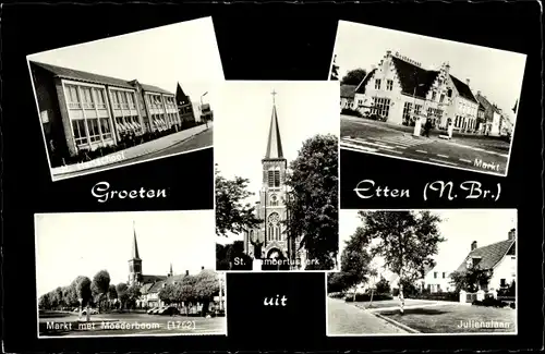 Ak Etten Leur Nordbrabant, Markt, Moederboom, St. Lambertuskirche, Julianalaan, H. Hartschool