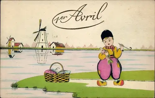 Ak 1. April, Junge in niederländischer Tracht, Fische