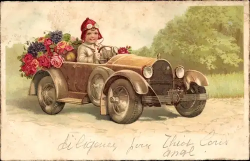 Litho Kind im Automobil, Blumen